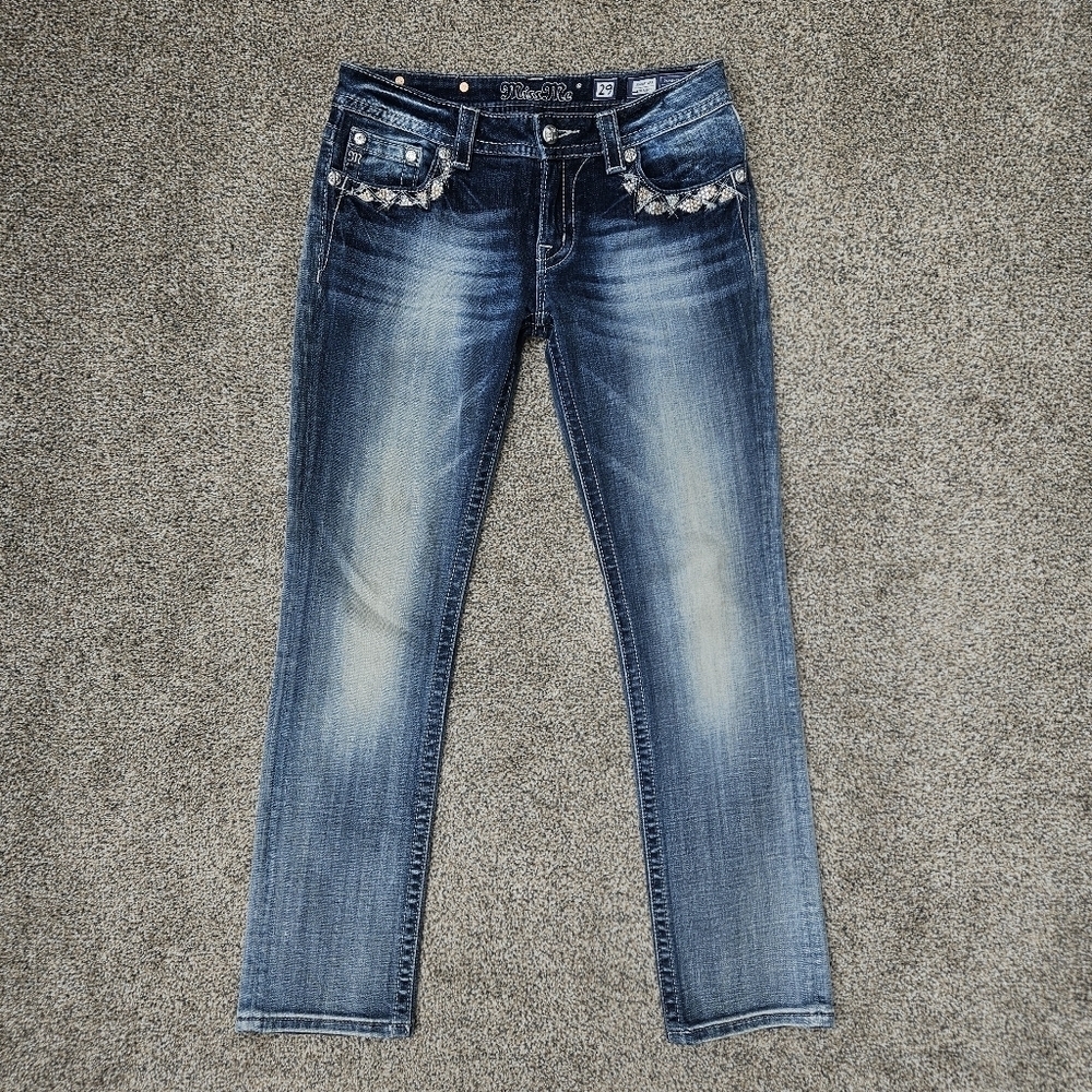 Miss Me Jeans Signature Straight Leg Embroidered Rhinestone Medium Wash Size 29